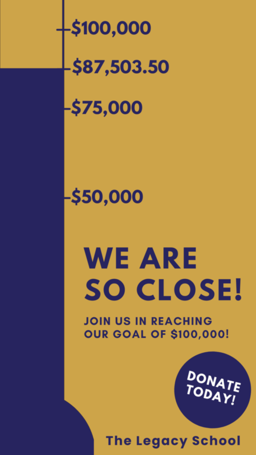 Image is a thermometer showing that we have raised $37,503.50 to match the $50,000 donation from anonymous Legacy family for a total amount raised of $87,503.50!