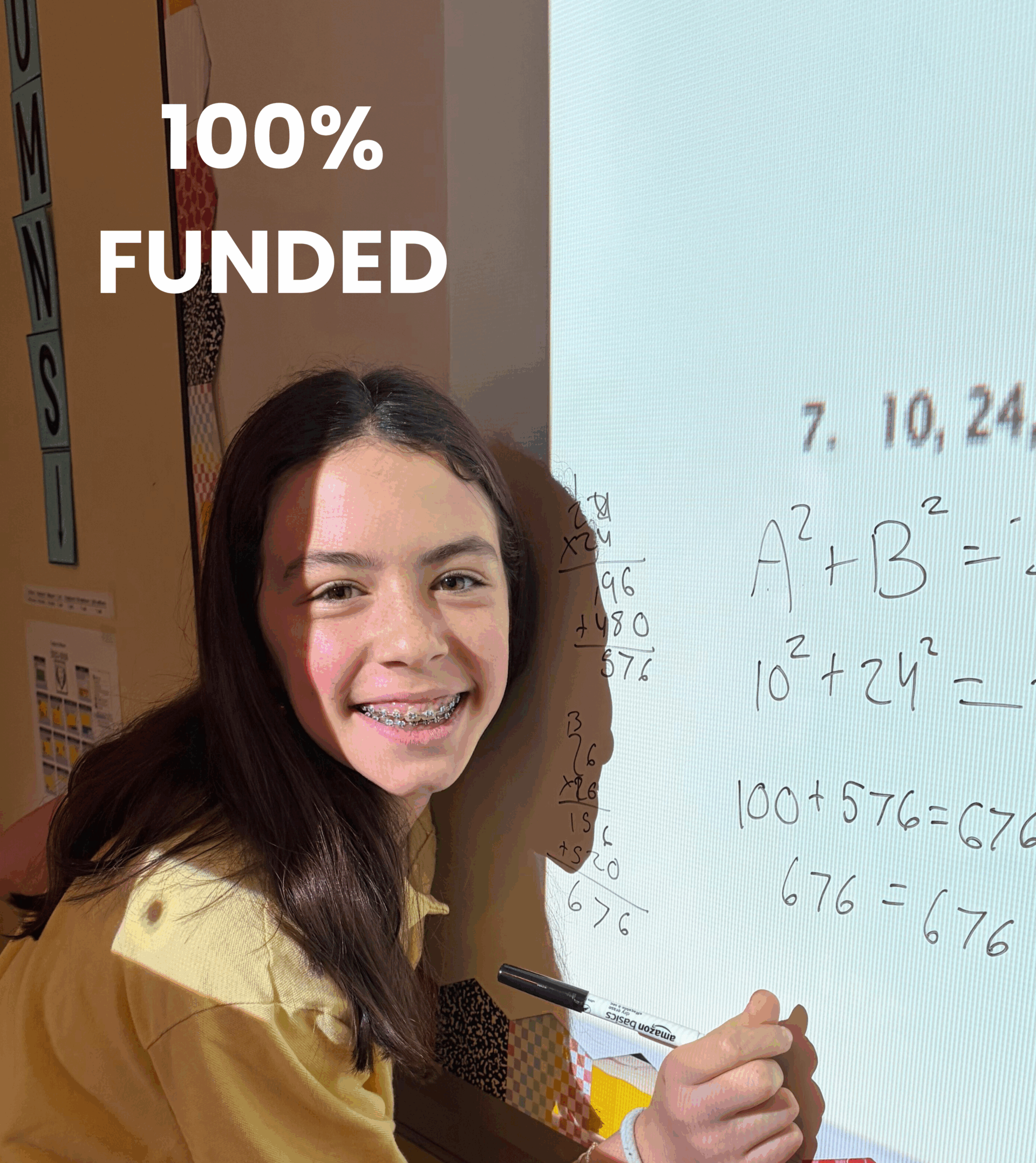 Community and corporate funding goes directly toward the research-based interventions, specialized training, and multi-sensory tools that allow our students to master complex challenges, like the Pythagorean theorem that the middle school student in the image is solving on a whiteboard, with confidence. When we invest in the right architecture for learning, our students don't just "get by" they thrive.